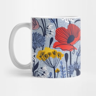 Wild field // pattern // pastel blue background neon red orange shade poppies white daisies denim blue cornflower pink bluebells yellow fennel flowers and other wild flowers meadow plants Mug